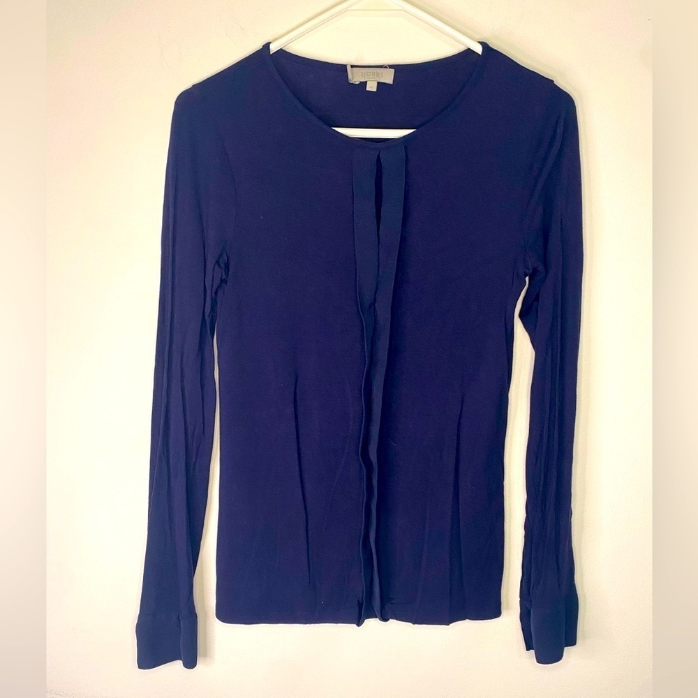 Hobbs Long Sleeve Blue Blouse With‎ Pretty Trim Down the Front Size XS Preppy